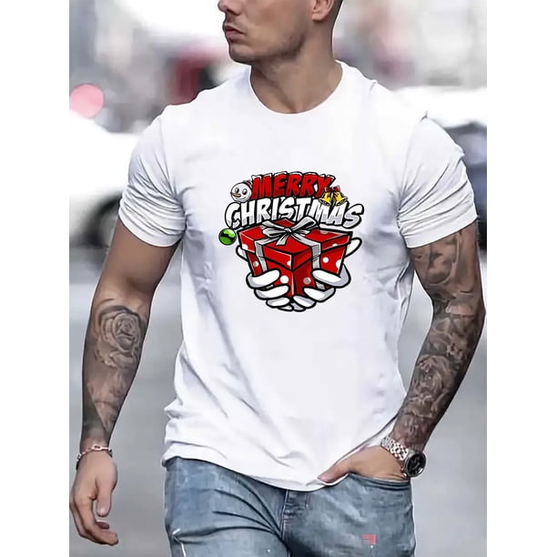 Camiseta cómoda de cuello redondo con diseño gráfico - Camisetas con estampado de Feliz Navidad para hombre, ideal para entrenar en el gimnasio en verano. Lavable a máquina, material suave, ideal para