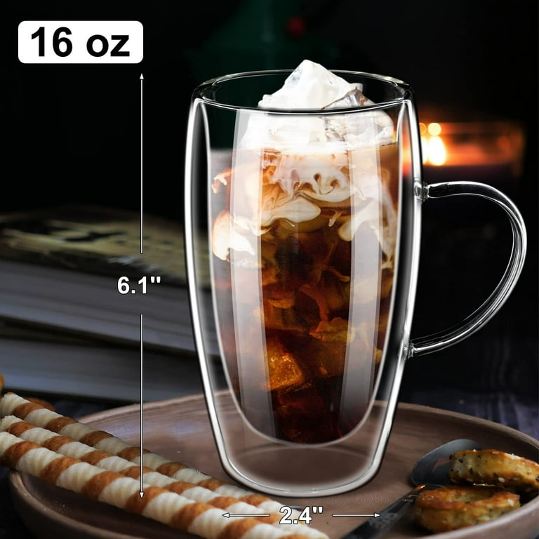Paracity Double Wall Glass Coffee Mug 16oz with Handle, Clear Borosilicate Glass, Perfect for Cappuccino/Latte/Espresso, Hot Drinks & Tea