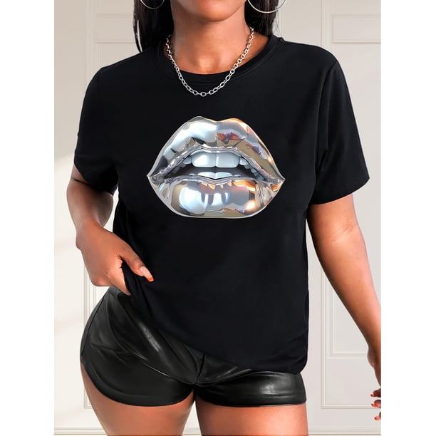Camiseta informal de manga corta con cuello redondo para mujer, tejido de punto de algodón con elasticidad media, con estampado de labios, para primavera/verano/otoño, ideal para practicar deporte.