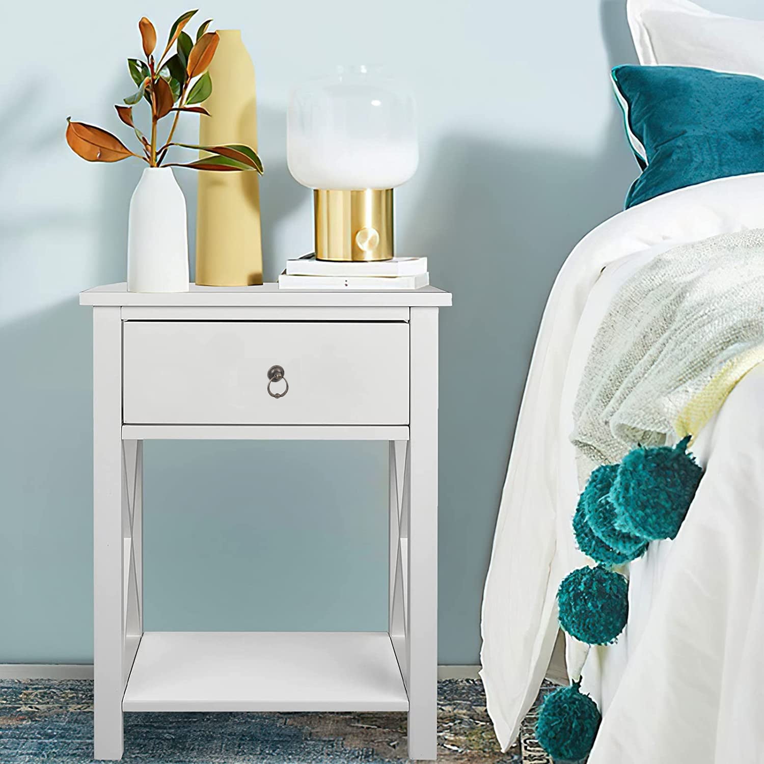 UBesGoo Night Stands for Bedroom Rustic Nightstand Bedside End Tables with Drawer Storage,White