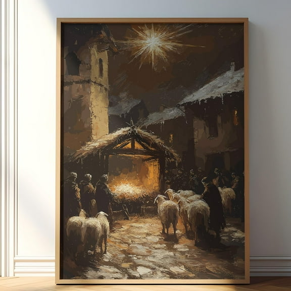 Zuno Vintage Christmas Poster, Christian Wall Decor, Nativity Scene Birth Of Baby Jesus Print, Winter Drawing, Printable Christian Art- Wall Art Print, 8x12 UNFRAMED