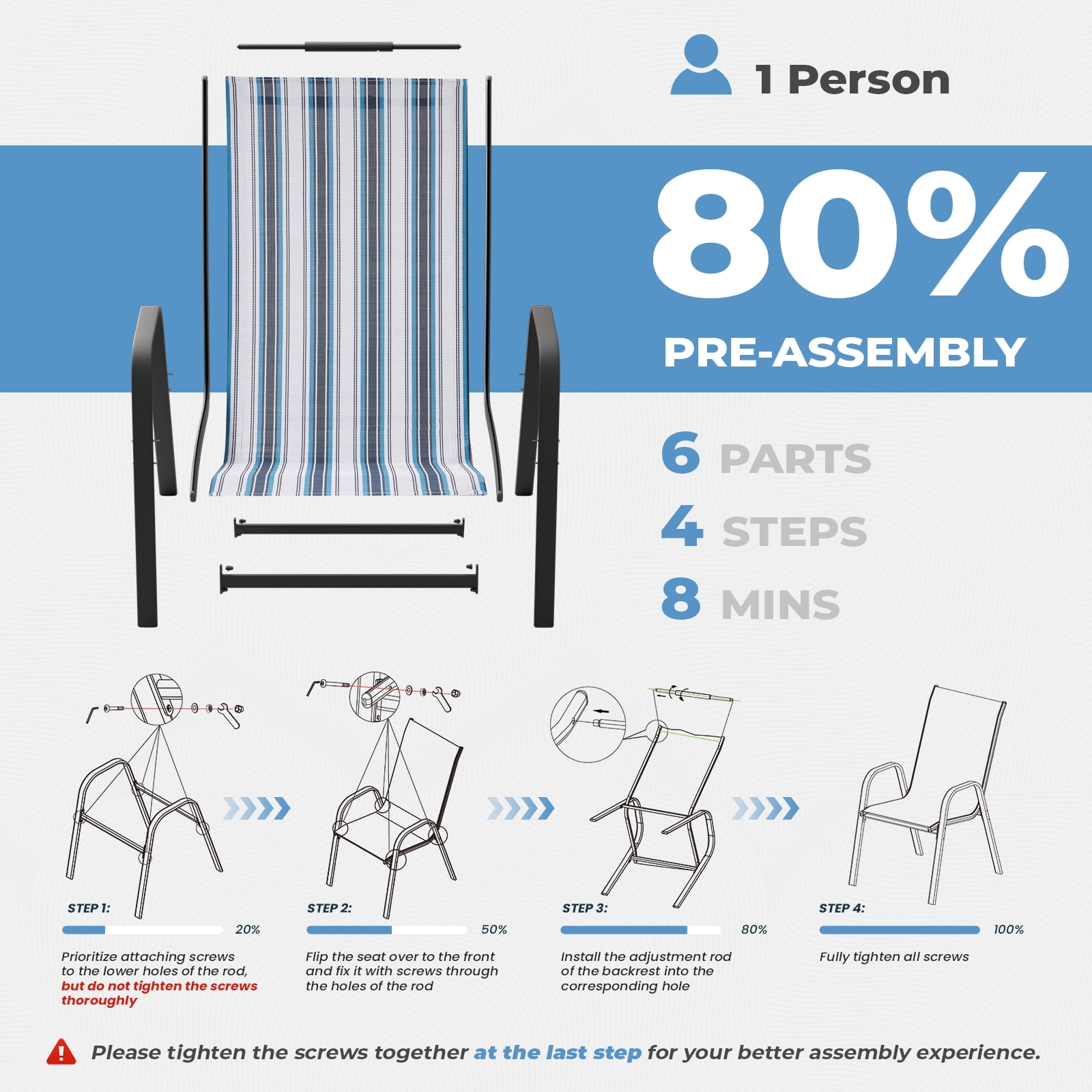 FUNDAZE Outdoor Dining Chairs Set of 4, Patio Dining Chair Stackable Armrest Patio Chairs Space Saving for Garden Backyard Deck, Blue Stripe