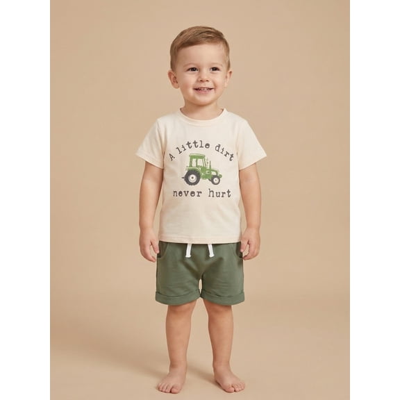 Toddler Boy Shorts Set Letter Tractor Print Short Sleeve Round Neck T-Shirt with Solid Shorts 2Pcs Outfit