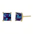 thumbnail image 3 of Bonjour Jewelers 18k Yellow Gold 2 Pair Created Alexandrite 4mm Round & Princess Cut Stud Earrings Plated, 3 of 3