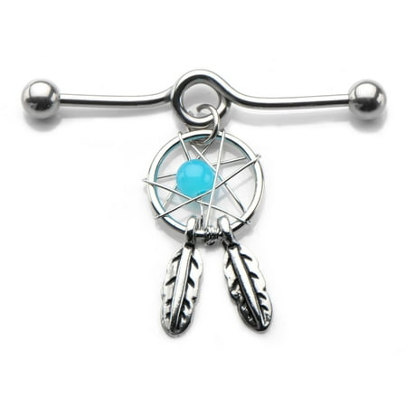 Body Art 16g Industrial Barbell with Dream Catcher Turquoise Dangle