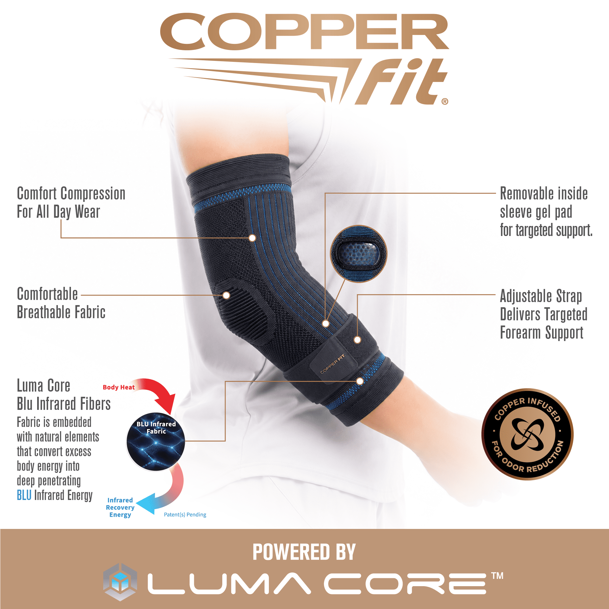 Copper Fit Dual Action Elbow Compression Sleeve, Supports Tendonitis, Removable Gel Pressure Pad, L/XL