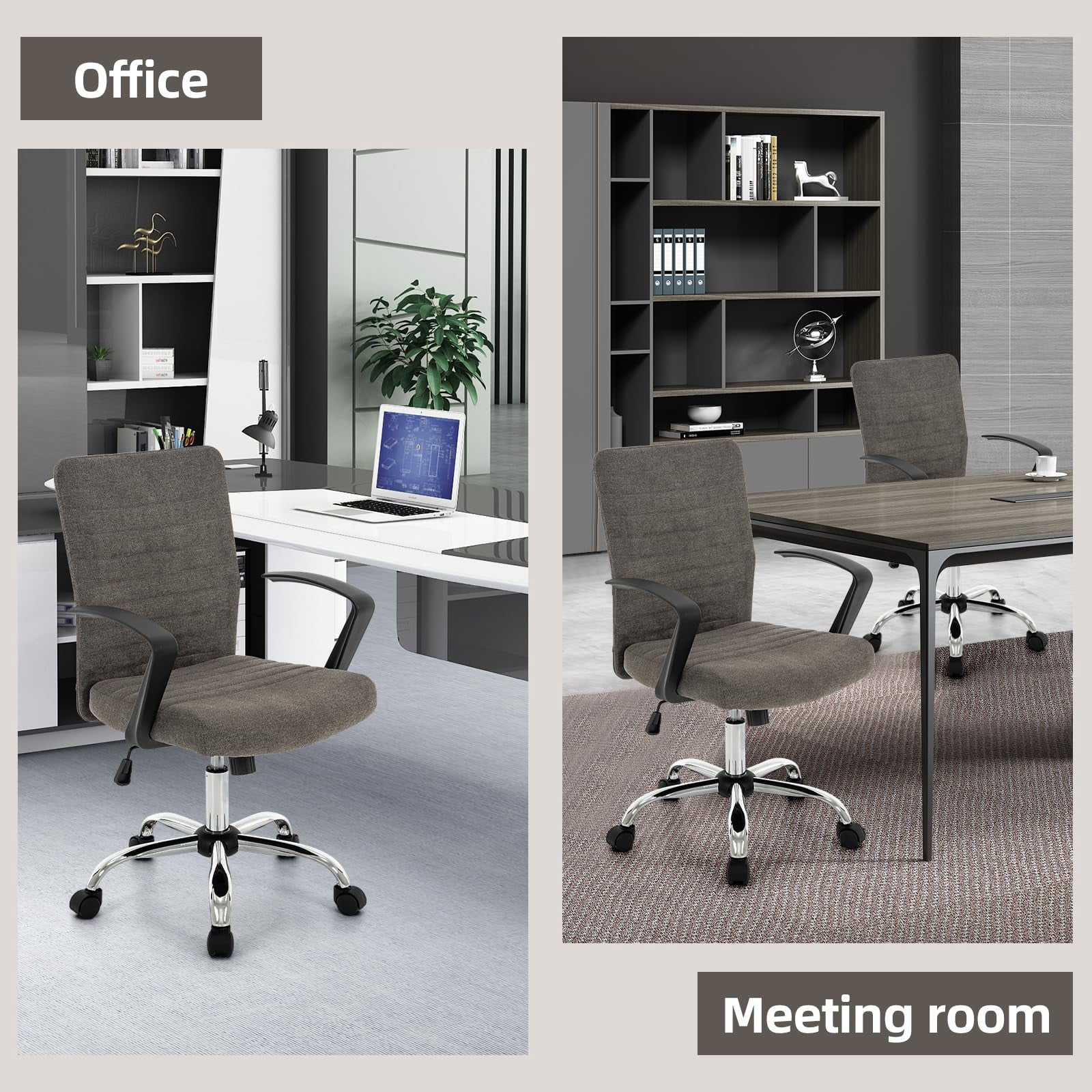 Linen Office Chair with Arms, Upholstered Mid-Back Desk Chair with Adjustable Height and Back Angle, 360° Swivel with Wheels for Home Office or Study (Dark Grey)