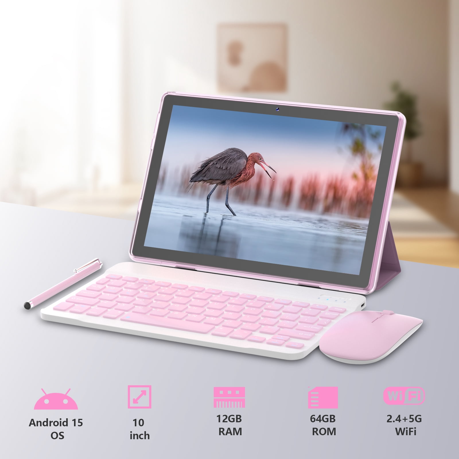 Android 15 Tablet, 10 inch 2 in 1 Tablets with Keyboard, 12GB RAM 64GB ROM 1TB Expand, Quad-Core 2.0Ghz CPU, 5G WiFi 6, BT5.0, 1280x800 HD Touchscreen, 6000mAh, Widevine L1, GMS Tablet, Pink