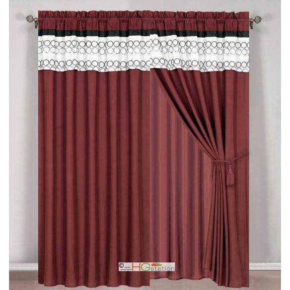 4-Pc Circle Geometric Embroidery Striped Curtain Set Burgundy Black Beige Valance Drape