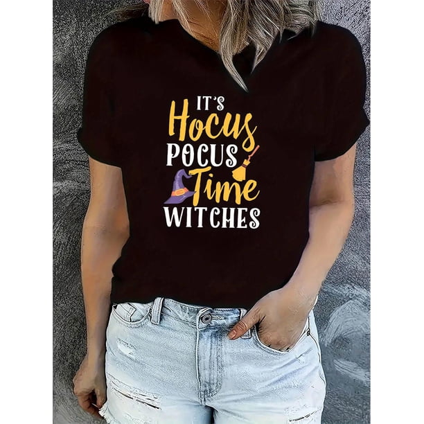 Camisetas con gráficos clásico para mujeres y adolescentes y niñas, playera de verano con estampado estéticoWomen's Casual Chic Witch Hat Graphic Tee - Comfy Stretchy Polyester Blend, Crew Neck Shor