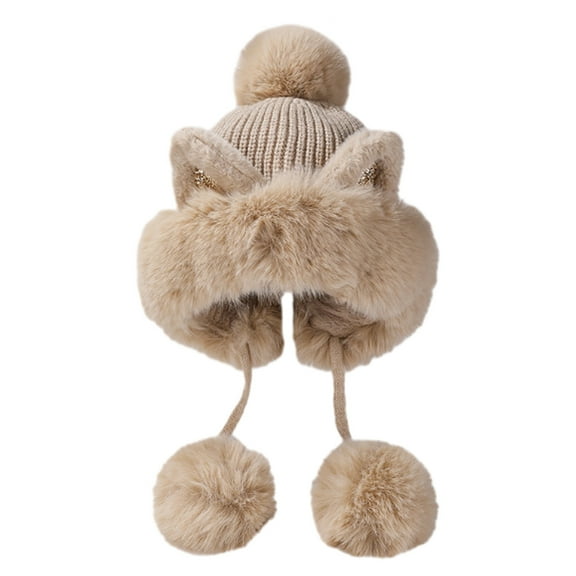 Winter Hats Cute Kint Hat Russian Fur Crochet Hat Slouchy Beanies with Pompom Warm Fuzzy Snow Cap Trapper Hat for Women - Beige