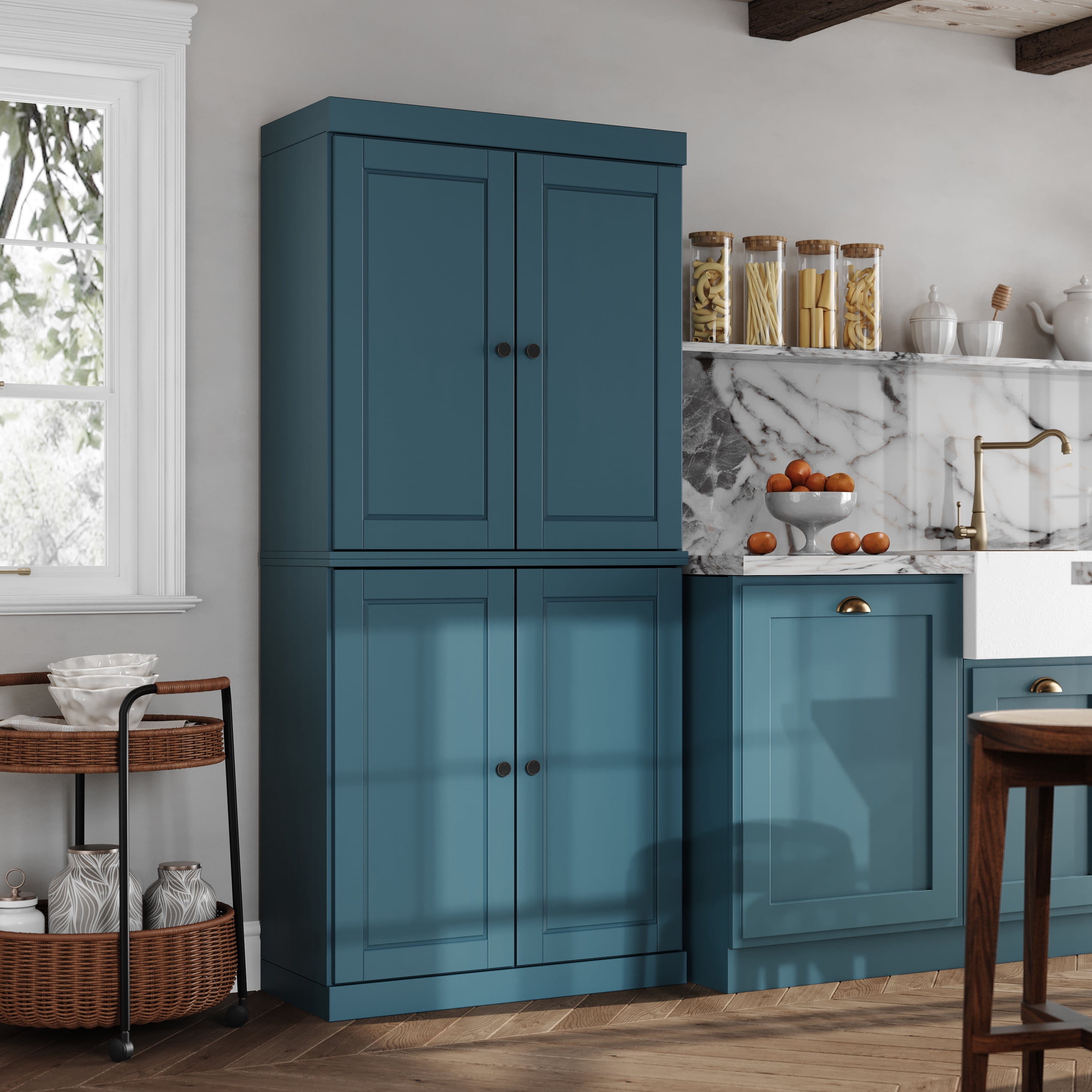 Palace Imports 100% Solid Wood Kitchen Pantry Storage Cabinet with Doors, Adjustable Shelves and 2-Drawers, Teal Blue