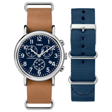 Timex Unisex Weekender Chronograph Watch Gift Set, Brown Leather Strap + Extra Navy Nylon