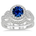 thumbnail image 2 of Classic Art Deco 6mm Round Shape 2.25 Carat Blue Sapphire And Moissanite Diamond Wedding Ring Antique Halo Bridal Set On 10k White Gold, 2 of 3