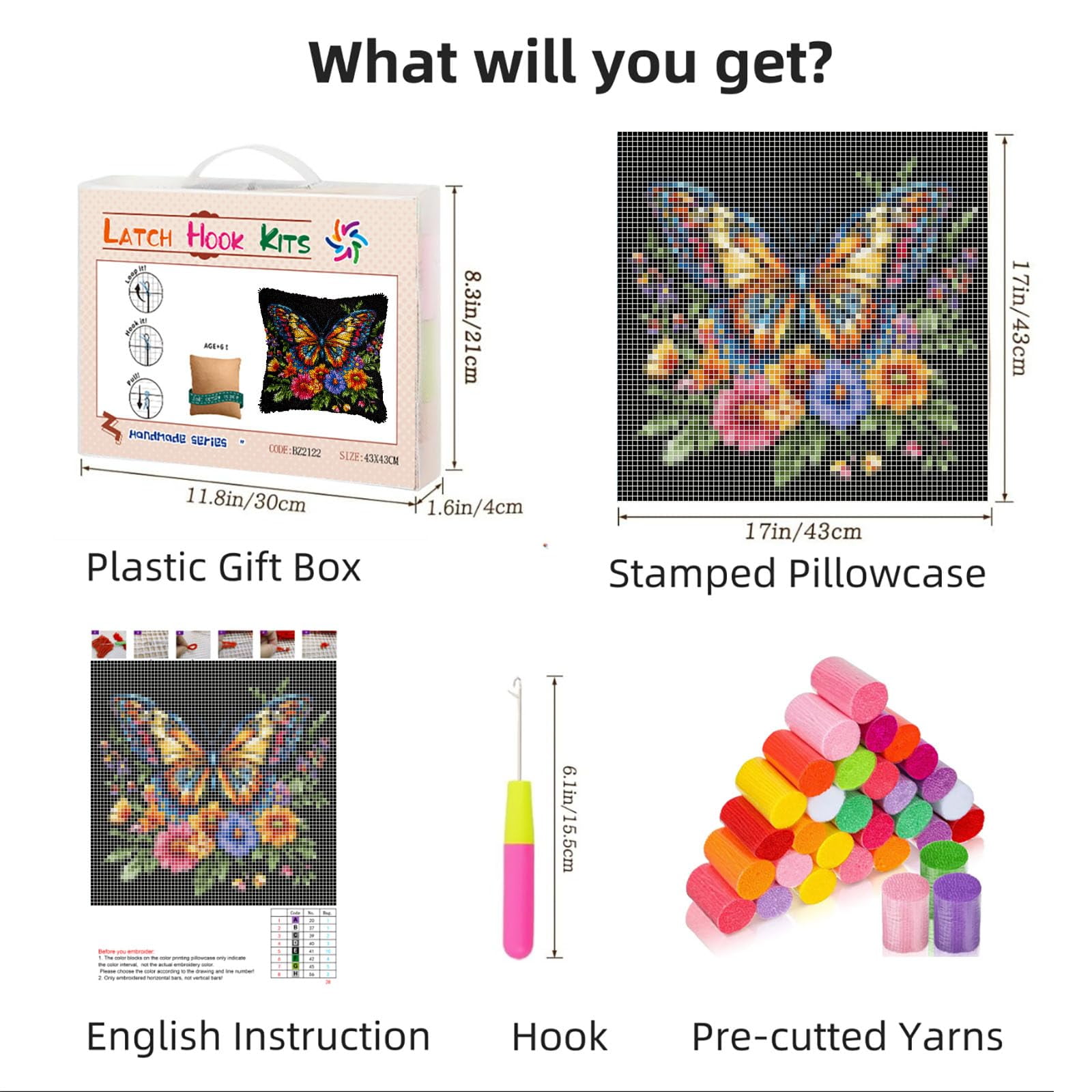 DIY Latch Hook Pillow Kits Colorful Butterfly Surrounded by Vibrant Flowers Printed Pillowcase Crochet Yarns Hooking Handmade Pillow Cover Cushion for Home Sofa Decoration 17x17inch-1