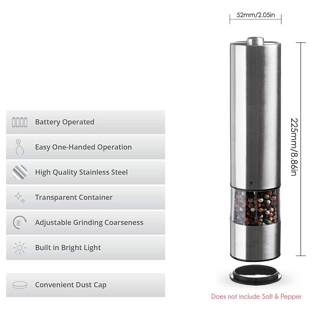 LNKOO Kitchen Electric Pepper/Salt Grinder - Battery Powered Stainless Steel Salt or Pepper Mill - Tall Power Shaker - Automatic Grinder with light - Adjustable Ceramic Coarseness