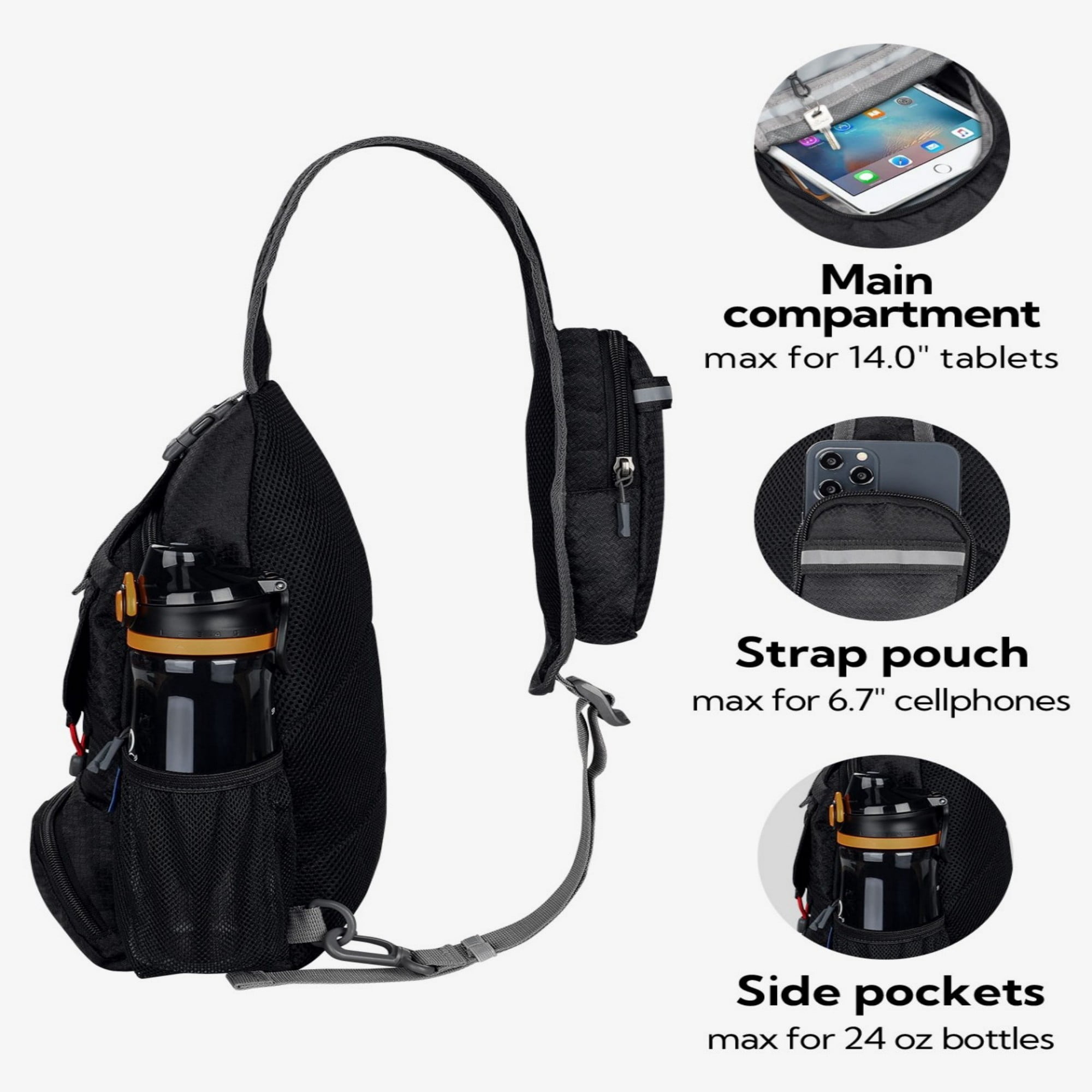 WATERFLY Unisex Small Packable Hiking Travel Sling Bag Cross-Body Shoulder Chest Bag,Black