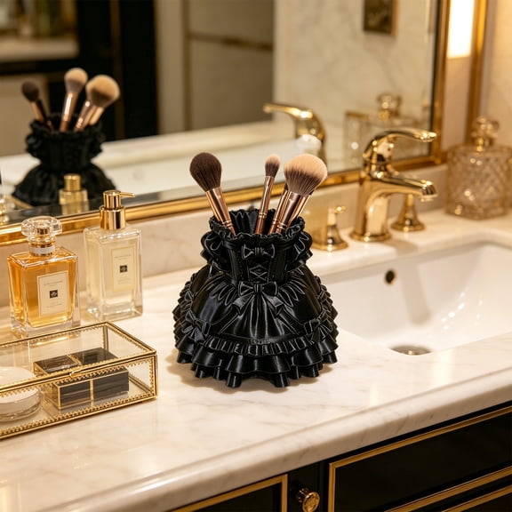 Cififendec Princess Dress Pen Holder, 4.33"×3.15", Resin Cute Cosmetic Brush Organizer with Bow, Desktop Decorative Storage for Pens, Makeup Brushes & Vanity