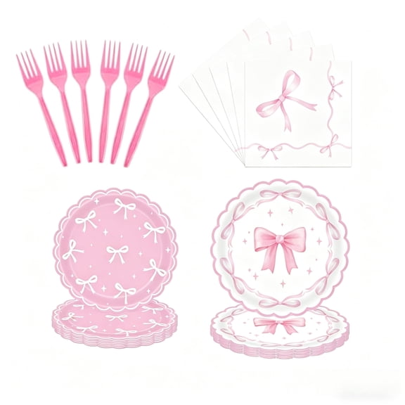 96 PCS Bow Party Plates Serve 24, Bow Plates and Napkins Forks Set, Disposable Tableware for Women Birthday Supplies Party Decorations
