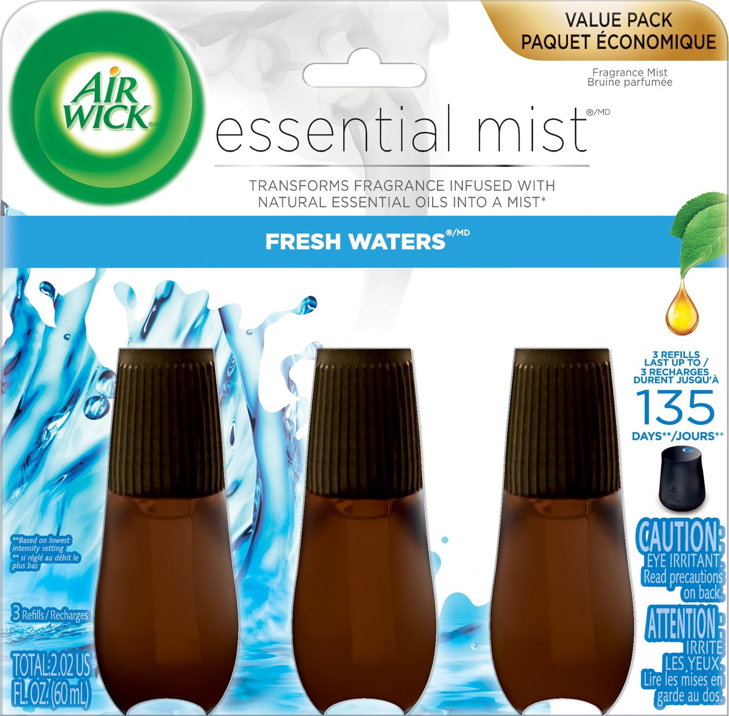 Recharge de diffuseur d'huile parfumée Air Wick Essential Mist, Brise d'eaux fraîches, 3 unité, Assainisseur d'air