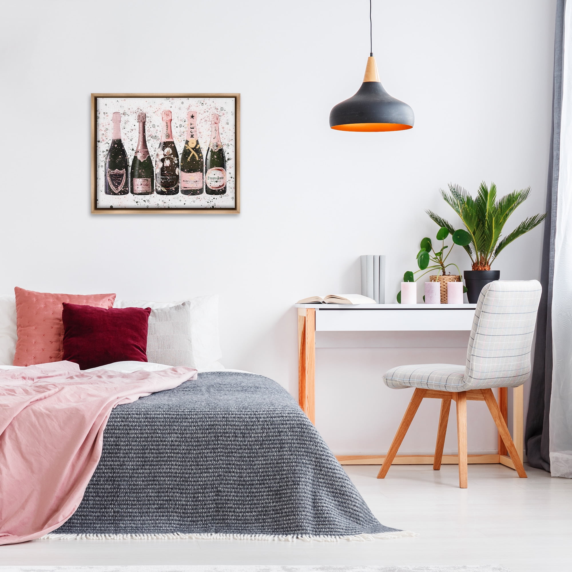 Stupell Industries Chic Pink Rose Bottles Food & Beverage Painting Brown Floater Framed Canvas Art Print Wall Art, 31 x 25