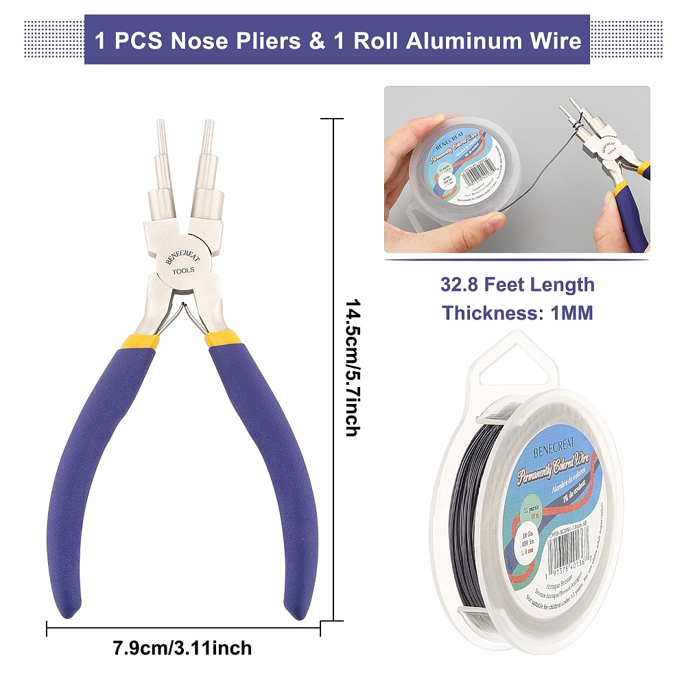 DIY Wire Wrapped Jewelry Making Kits Including Copper Wire and Carbon Steel Round Nose Pliers Gunmetal 18 Gauge 1mm about 10m/roll 1roll/set
