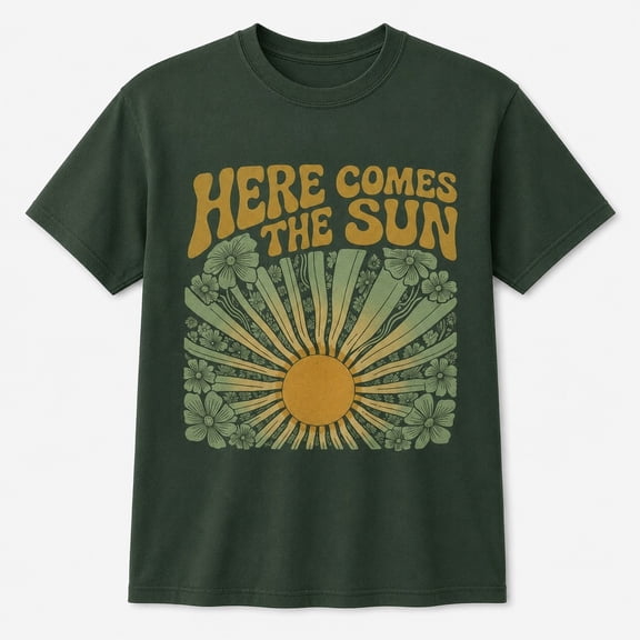 Here Comes The Sun Retro 70s Graphic Tee, Vintage Boho Floral Sunshine T-Shirt for Women, Unisex Cotton Tee