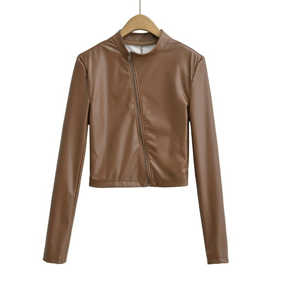 Tauxra Jackets for Women,Jackets for Women Fashion,Women's Leather Jacket, Solid Color Zipper Stand Collar Slim Long Sleeve Pu Coat,Leather Jacket Women