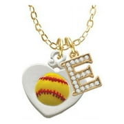 Softball in Heart - E - Gold Tone Crystal Initial Sophia Necklace, 18"+1"