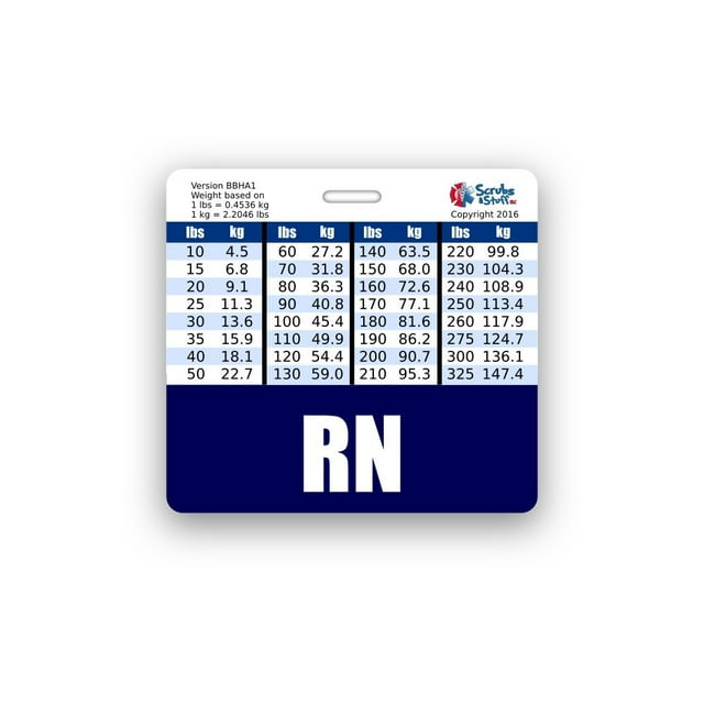 RN Badge Buddy horizontal con tablas de conversión de altura y peso (azul marino)