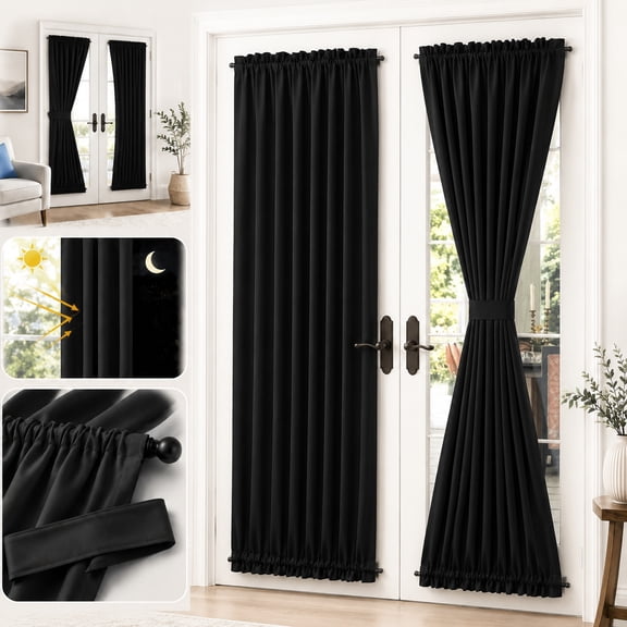 Rongsi Privacy French Door Curtains, 25"x 72" Thermal Blackout Door Curtains for Bedroom Living Room kitchen, Noise reduction, Easy to clean, Black