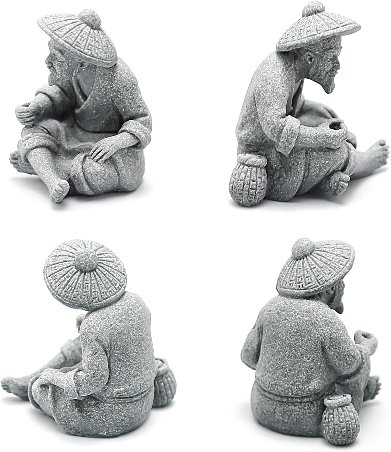 2PCS Mini Sitting Fishing Figurines Sandstone Vintage Ornament Japanese Decor for Fish Tank Pot Garden Home Aquarium Mini Fisherman Statue Asian Zen Decorations