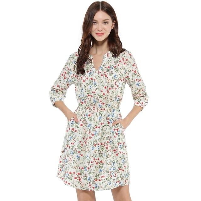 INSPIRE CHIC Women's V Neck Floral 3/4 Sleeves Side Pockets Button Dress