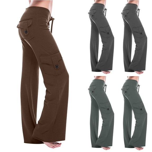 Cargo Pants Women Plus Size Wide Leg Yoga Pants High Waisted Straight Leg Lounge Trousers Flare Leggings with Pockets Dark Gray L