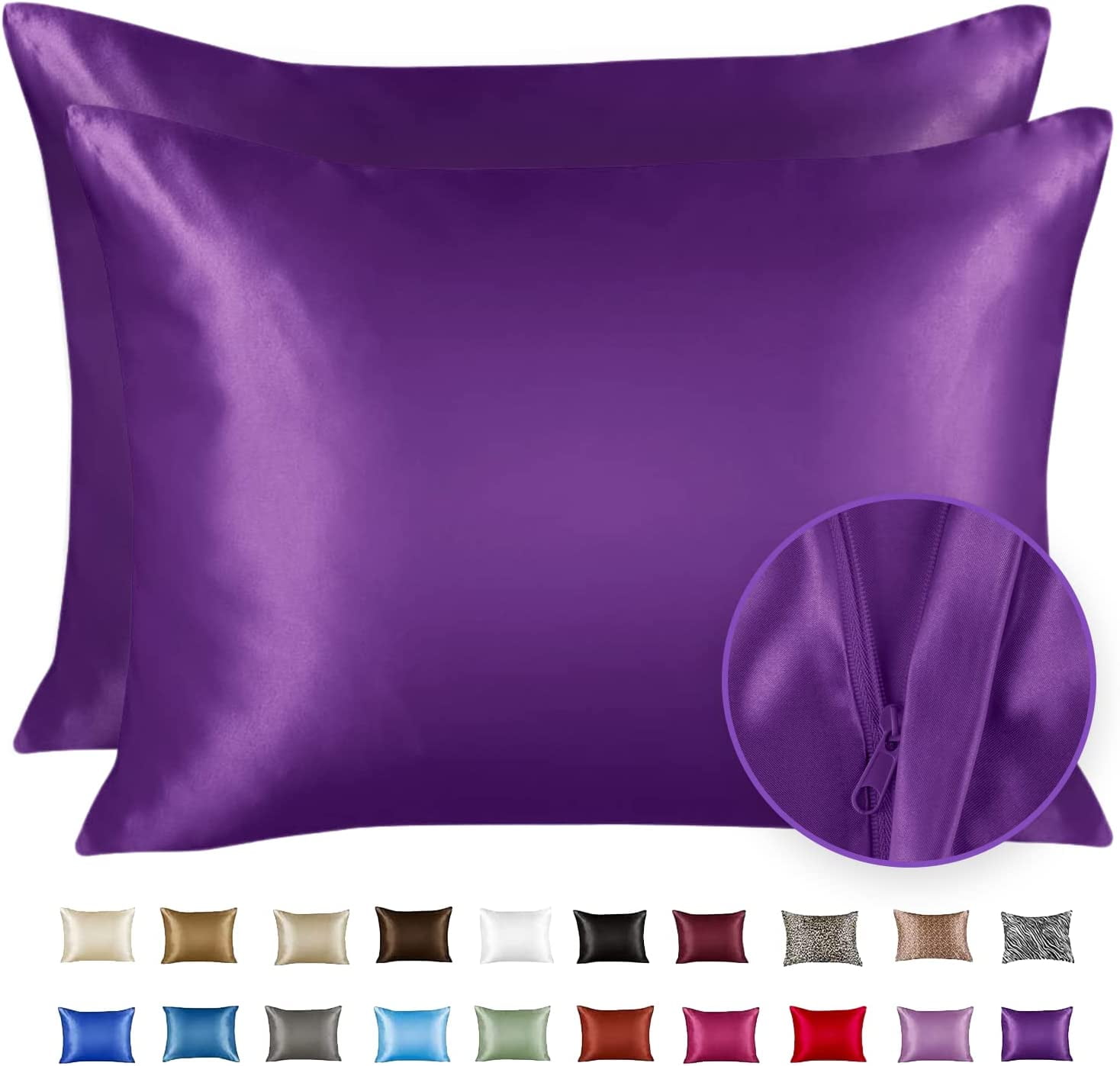 Luxury Satin Pillowcase for Hair and Skin King Satin Pillowcase with Zipper, Grape (2 per Pack