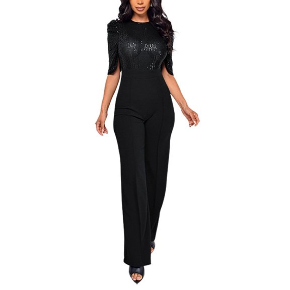 Wdgfv Womens Sequin Jumpsuits Short Sleeve Round Neck Backless Romper Shiny Overalls Pants Black XXL