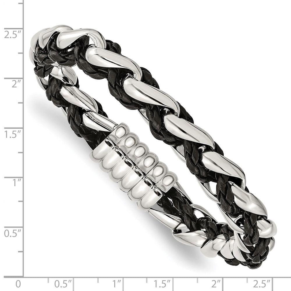 Diamond2Deal Stainless Steel Polished Braided Black Leather Bracelet for Men 8.5"