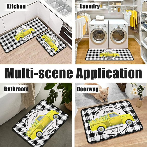 2Pcs Kitchen Rugs and Mats Sets Non Skid Sets Lemon Truck Mats for Indoor Non Slip Waterproof Standing Kitchen Runner Mats 17\u201dx24\u201d+17\u201dx48\u201d