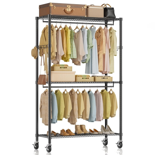 Perchero Simple Deluxe con ruedas, 3 estantes, negro, 80,3 cm