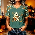 thumbnail image 2 of Yuncity Womens T Shirts Halloween Ghosts Graphic Print V Neck Tees Summer Fall Baseball Short Sleeve T-Shirts Casual Relaxed Fit Holiday Tops Size L, 2 of 5