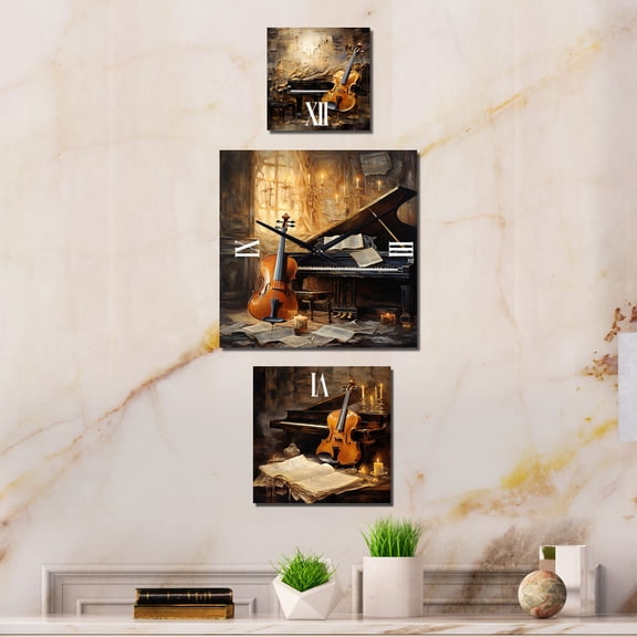 Designart "Harmony of Vintage Violin and Piano" Music Oversized Wall Clock - Set Of 3 - Extra large Clock For Office Décor - Large Traditional Wall Clock