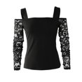 thumbnail image 4 of Lace Patchwork Long Sleeve for Women Cold Shoulder V Neck Slim Fit Tunic Shirts Pullover T-Shirt Trendy Blouses Black2,S, 4 of 5