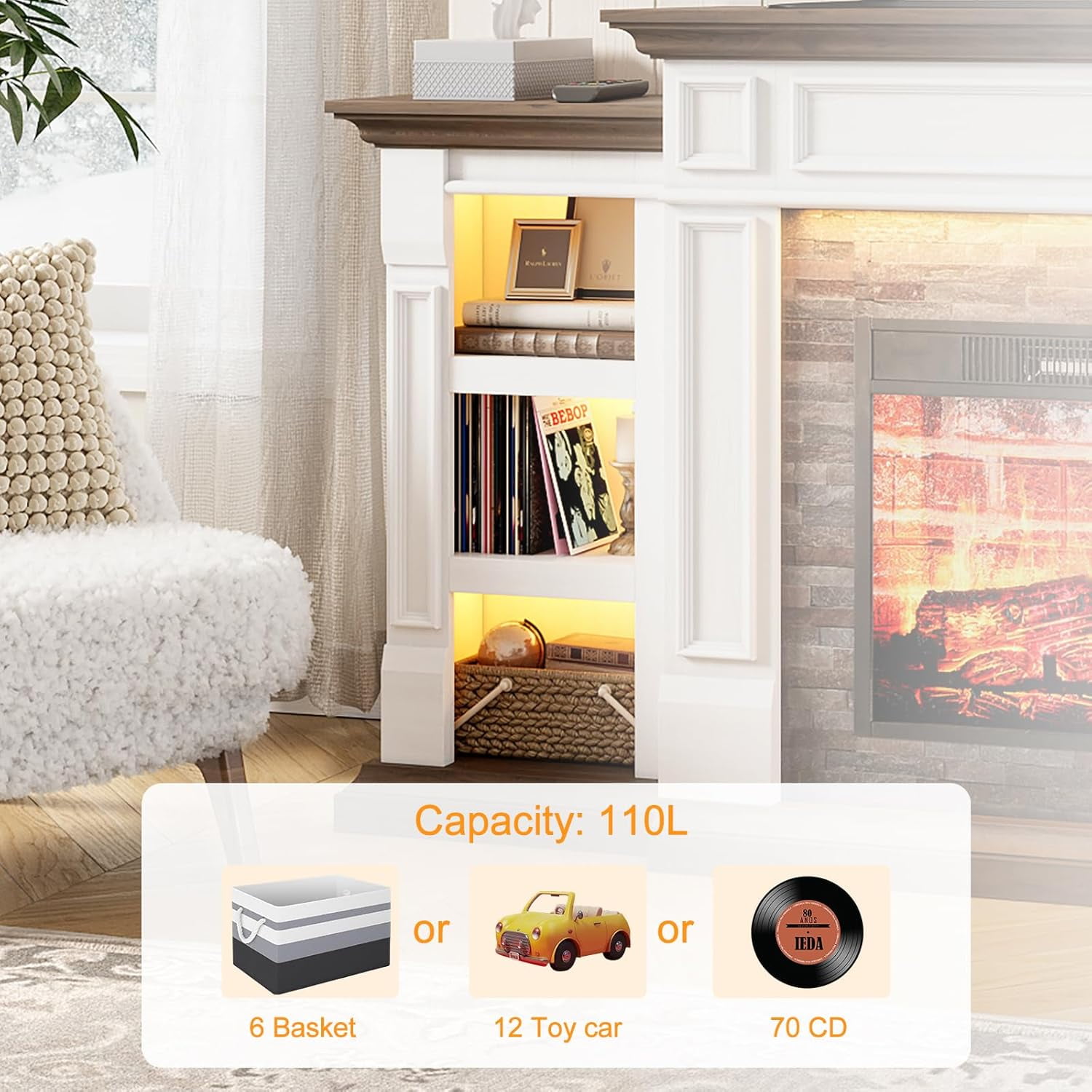 Holliwill 71" Fireplace Mantel, TV Stand Entertainment Center for TVs up to 80" with 23" Electric Heater & LED Light, White Brwon