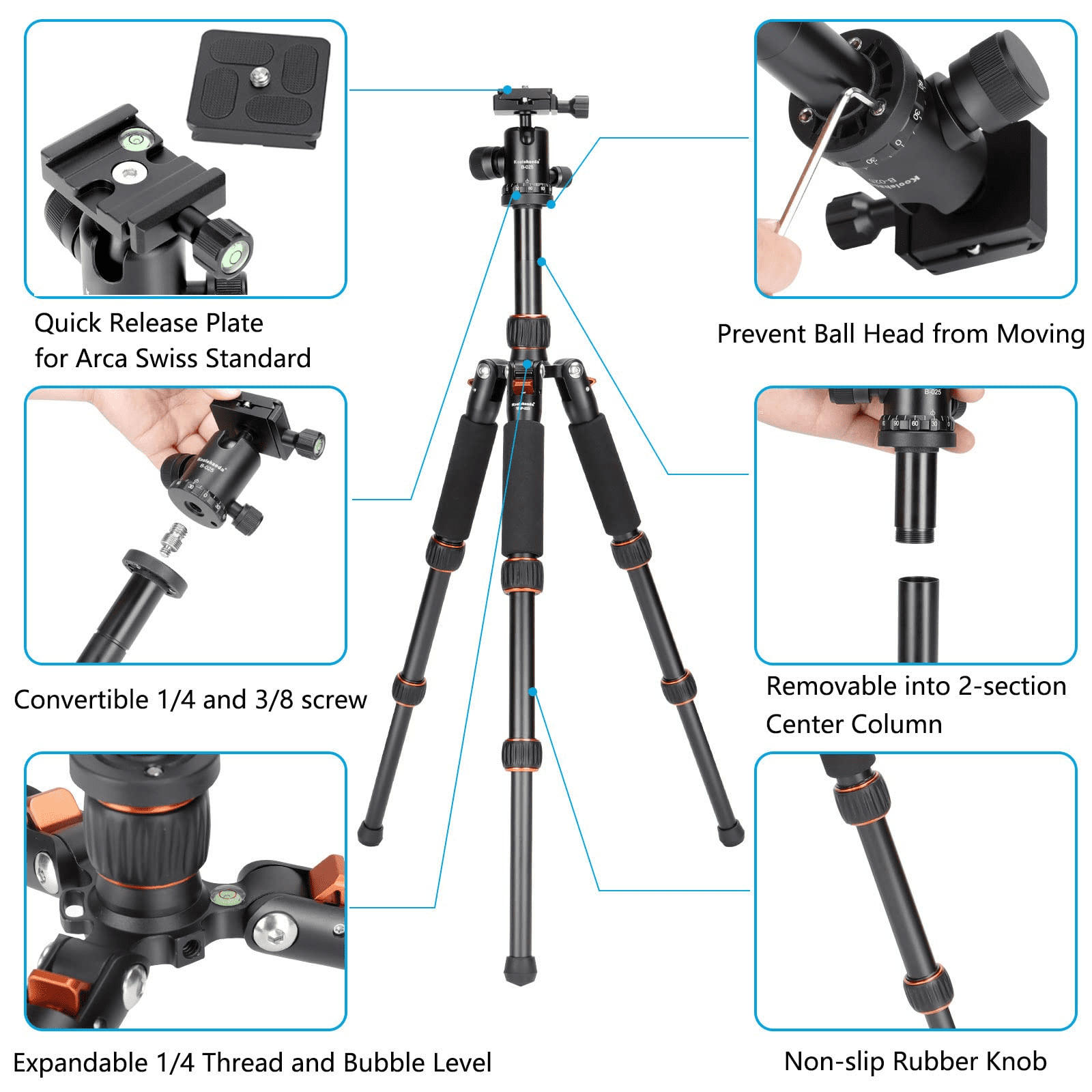 Koolehaoda Portable Mini Tripod Aluminum Alloy Tabletop Tripod 25inch with 360 Degree Ball Head, 1/4 inch Quick Shoe Plate for DSLR Camera Video Camcorder TMP-223 Orange