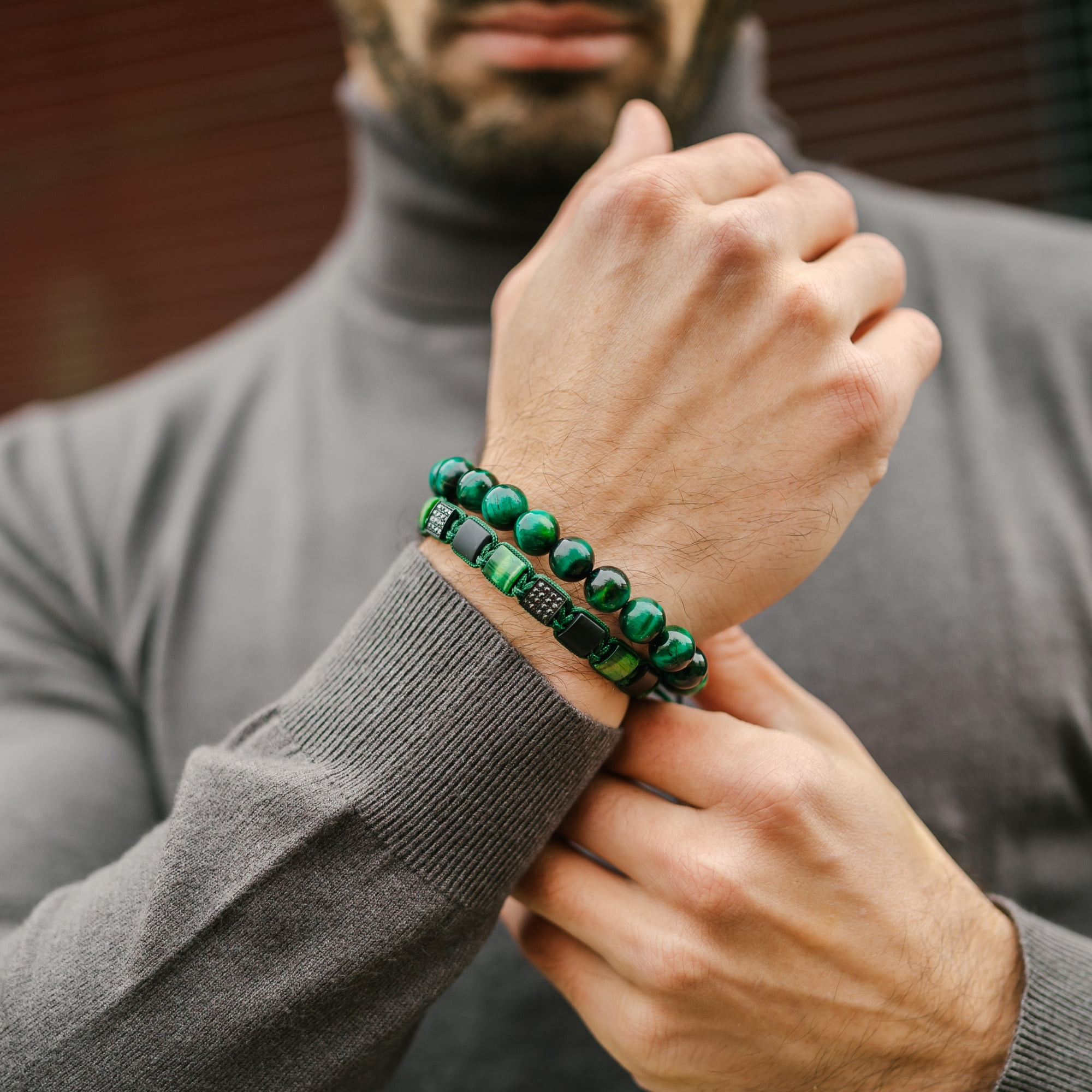 Men's GREEN TIGER EYE, BLACK ONYX Flat Bead Bracelet | Gift for Men | One Size Fits All | 100% Natural | Gemstone Adjustable Bracelet