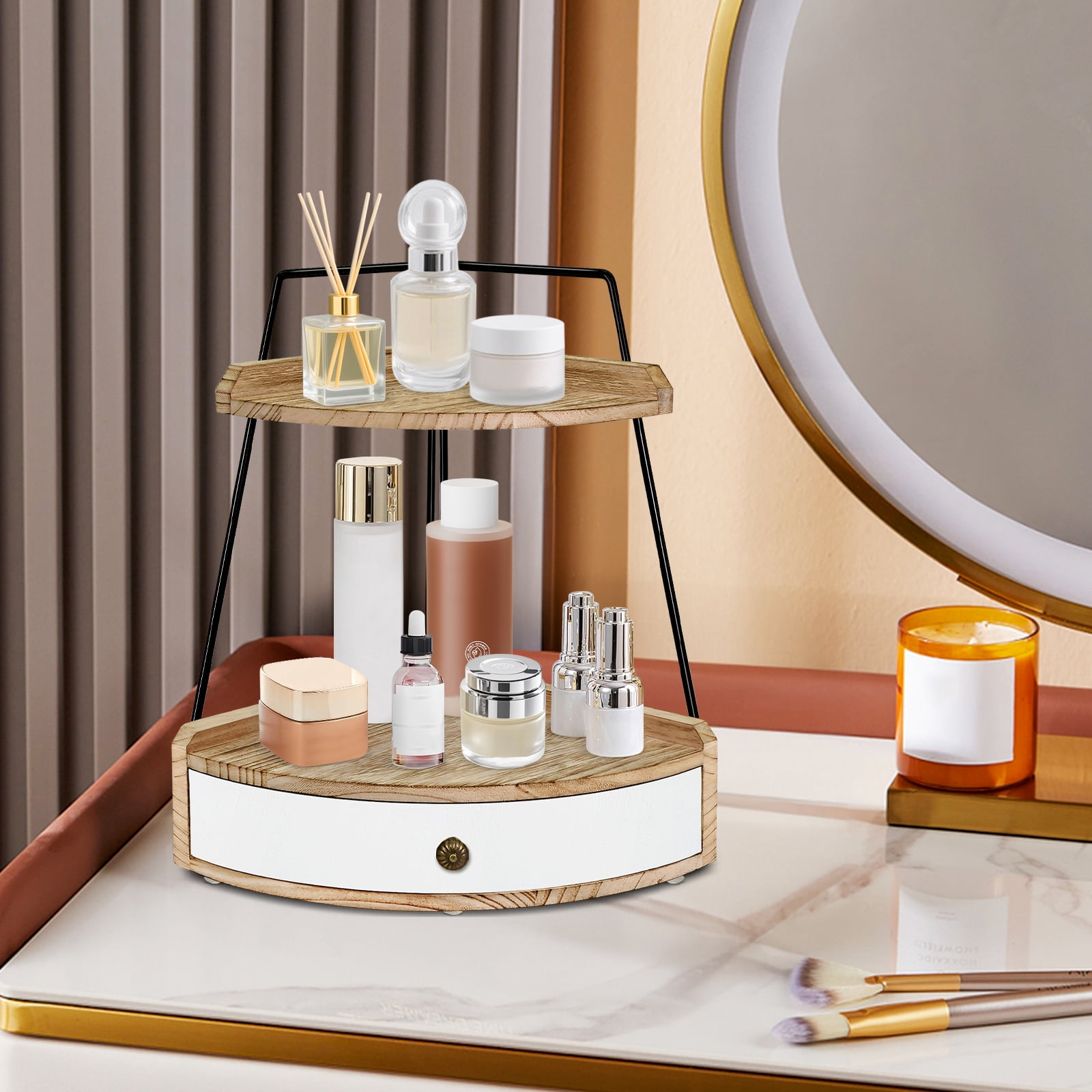 2 Tier Bathroom Counter Organizer, Wood Bathroom Organizer Countertop with Drawer, Corner Storage Shelf for Cosmetic Vanity Tray, Kitchen Spice Rack, Kitchen Organizer and Storage