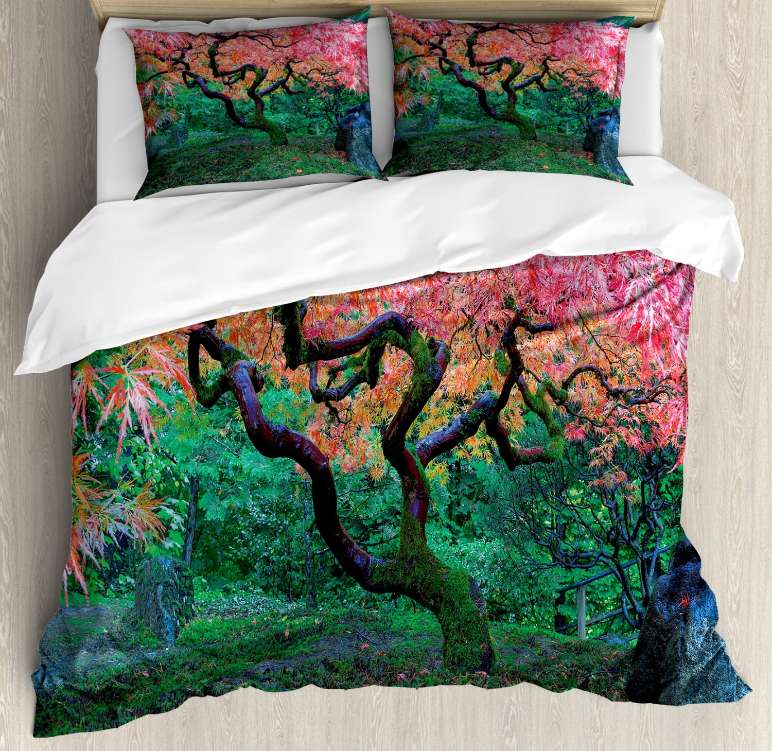 Japanese Duvet Cover Set, Aged Red Leaf Maple with Moss Asian Garden