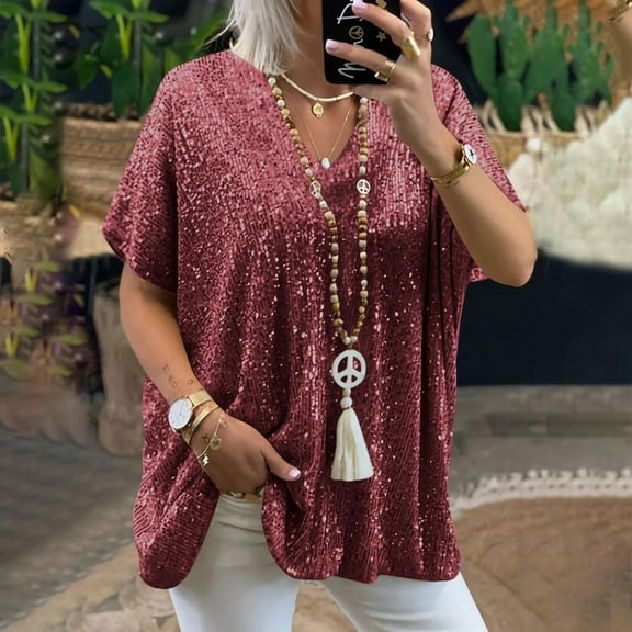Fnooota T Shirts for Women, Loose Fit Sequin Fashion Short Sleeve Ladies Shirts Wine Size S