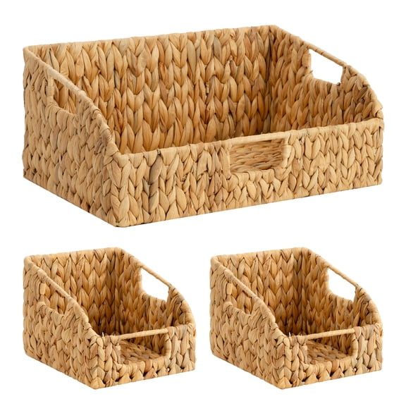 StorageWorks Handwoven Water Hyacinth Pantry Storage Baskets with Built-in Handles, Decorative Wicker Organizer Bins for Kitchen Pantry & Home Shelves, Set of 3