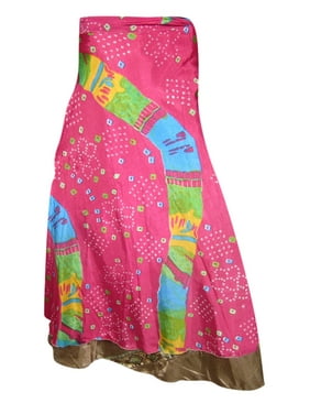 Mogul Magic Wrap Around Skirt Reversible Silk Sari 2 Layer Pink Resort Wear Cover Up Dress
